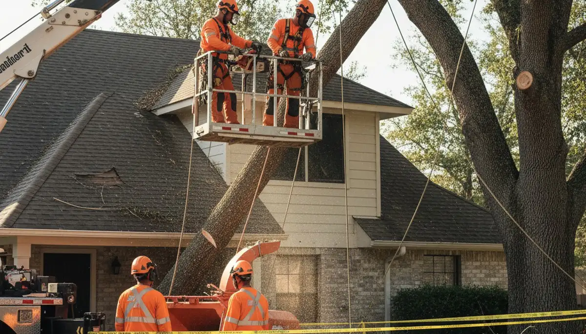 Tampa, FL tree service crew removing storm-damaged trees after an emergency call