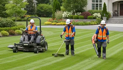 Tree service crew trimming a yard in Tampa, FL for healthy lawn care and tree maintenance