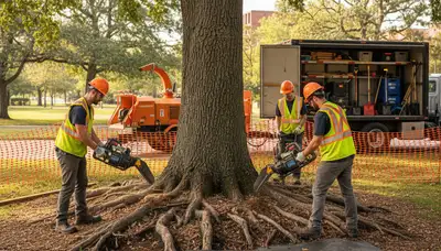Tree service crew protecting tree roots in Tampa, FL for healthier, safer properties