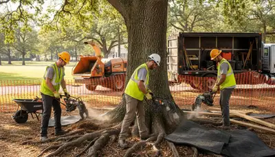 Tree service crew providing root protection for trees in Tampa, FL