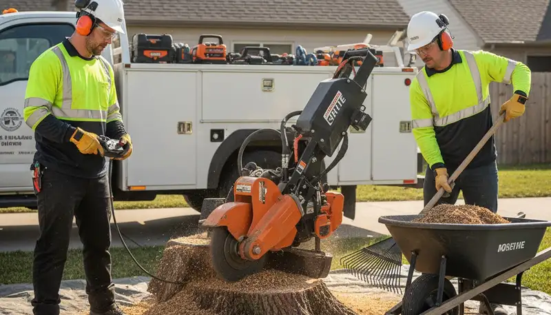Tree service crew removing a stump in Tampa, FL for a cleaner, safer yard