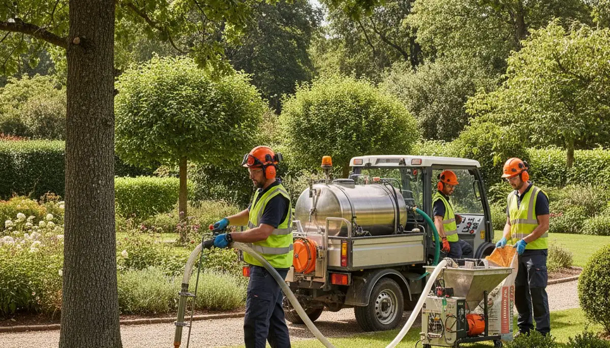 Tree care specialist applying fertilizer to healthy trees in Tampa, FL