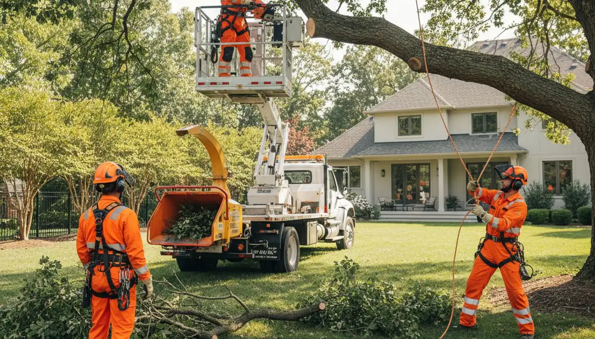 Tree service crew removing a large tree in Tampa, FL with professional cutting equipment