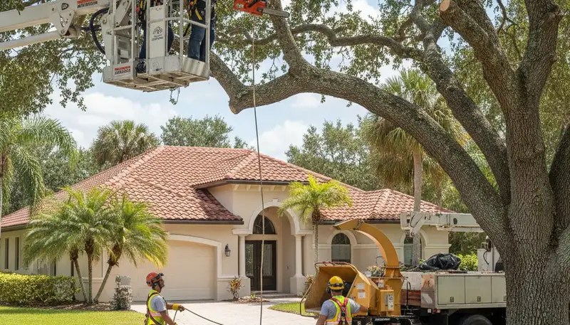 Tree service crew trimming trees in Tampa, FL