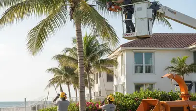Tree service crew trimming trees in Tampa, FL for residential property maintenance