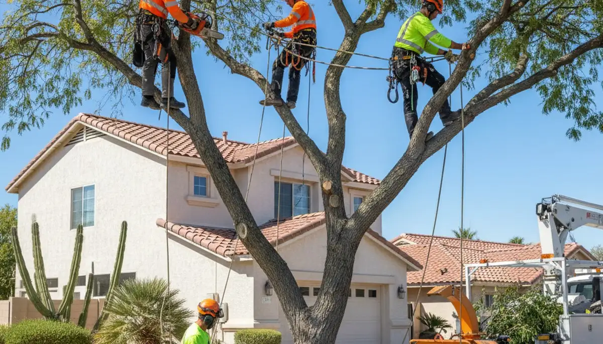 Tree service crew trimming trees in Tampa, FL for residential property maintenance