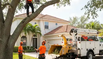 Tree service crew trimming trees in Tampa, FL for safe, healthy property maintenance
