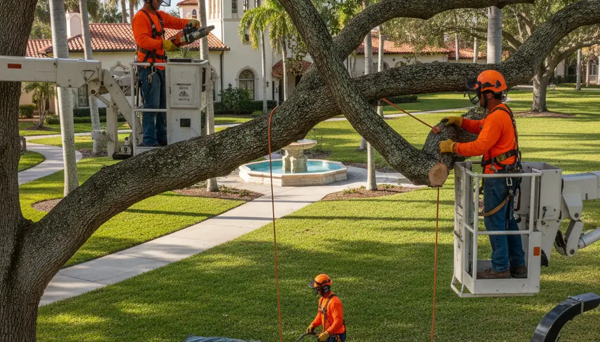 Tree service crew trimming trees in Tampa, FL for residential property maintenance