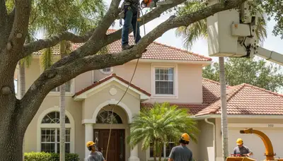 Tree service crew trimming trees in Tampa, FL for safe, professional property maintenance