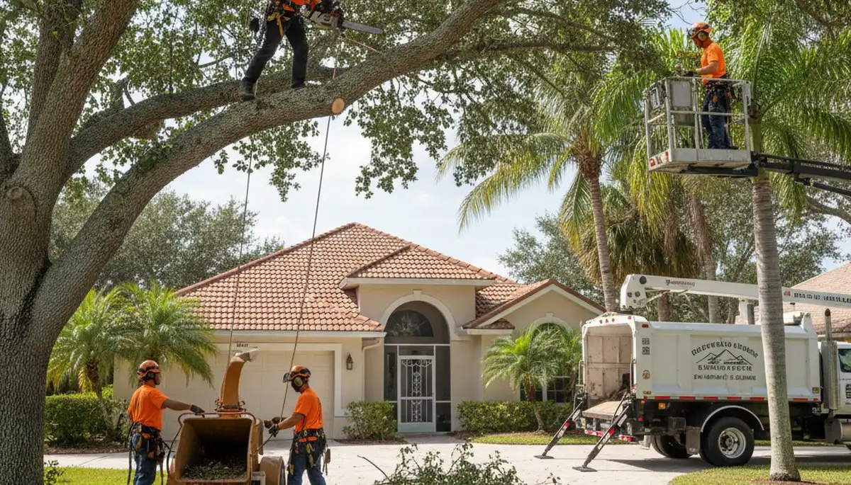 Tree service crew trimming trees in Tampa, FL for safe, professional property maintenance