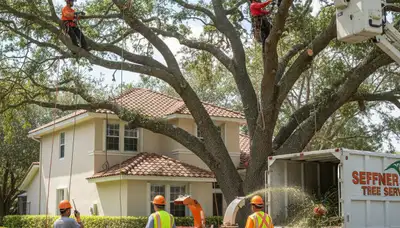 Tree service crew trimming trees in Tampa, FL for safe, professional tree care
