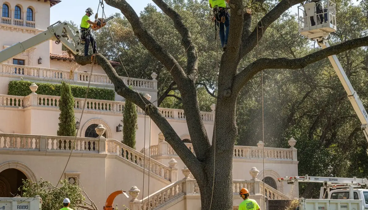 Tree service team in Tampa, FL trimming trees for safe, professional landscape maintenance