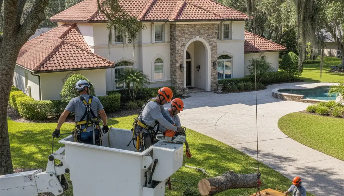 Tree service team trimming trees in Tampa, FL for safe, professional property maintenance