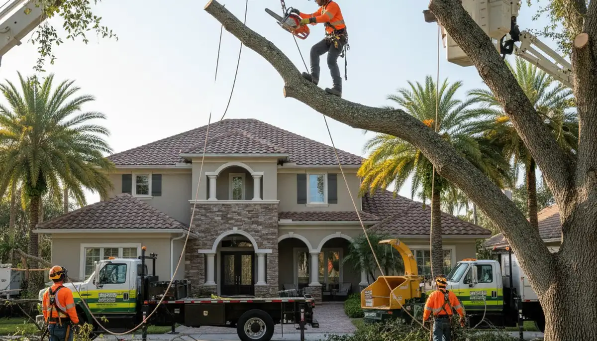 Tree service crew trimming trees in Tampa, FL for safe, professional property maintenance